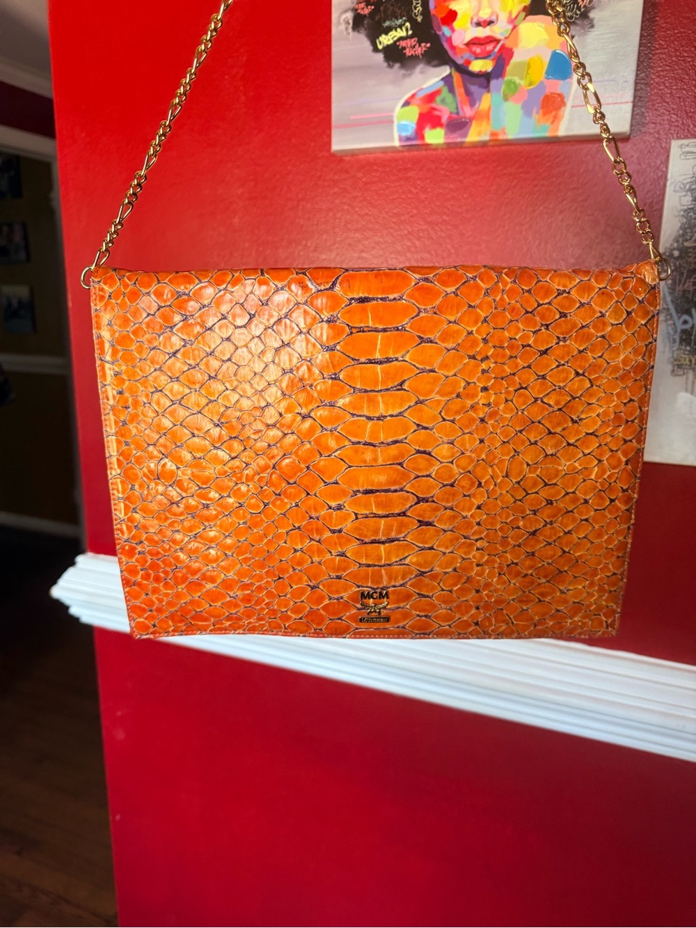 MCM Orange Embossed Leather shoulder Bag